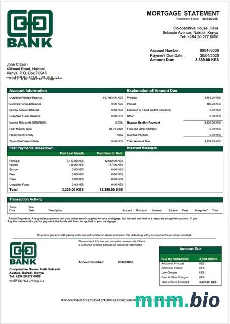 Kenia Bank Spółdzielczy Kenii wyciąg z kredytu hipotecznego szablon Word i PDF